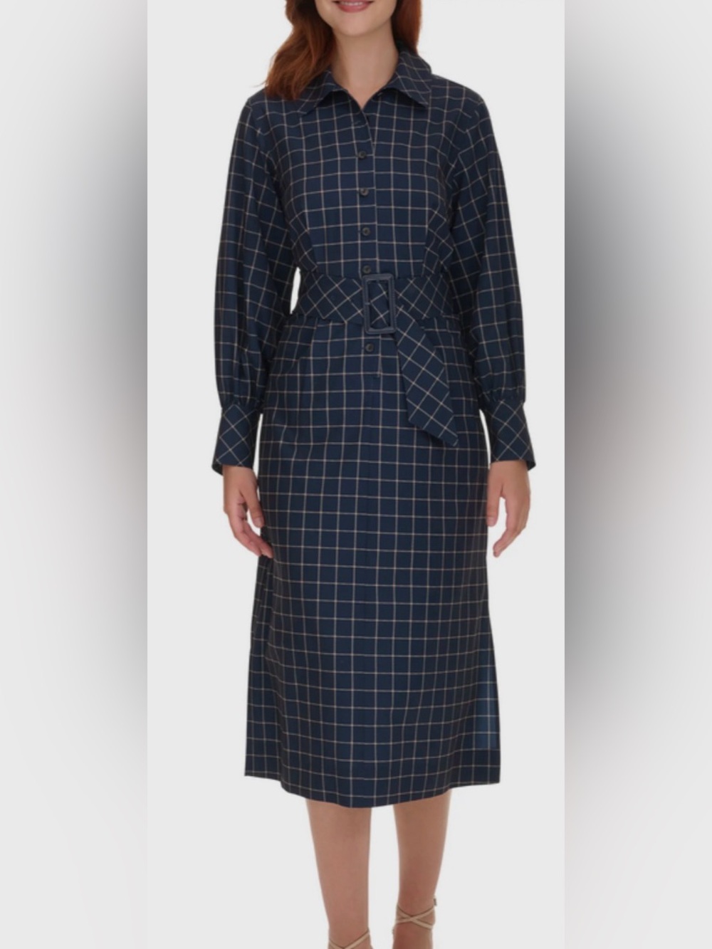 Classic Navy Windowpane Belted Shirt Dress